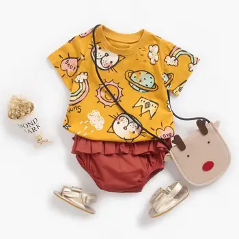 Sanlutoz Sevimli Bebekler Kız Giyim Setleri Pamuk Kısa Kollu Bebek Üstleri + Dipleri 2 Adet Yenidoğan Karikatür Giysi