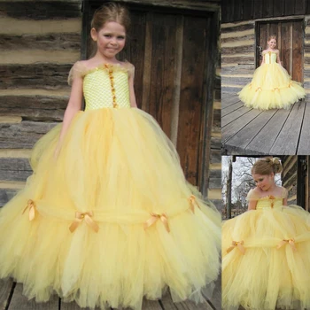 Sarı Balo Kızlar Pageant Elbise Kapalı Omuz Yay Katmanlı Etekler Kabarık Çiçek Kız doğum günü partisi elbisesi Custom Made