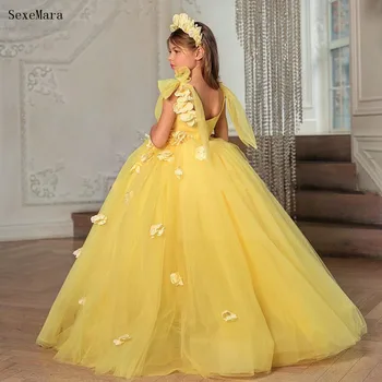 Sarı Kabarık Tül Bebek Kız Parti Elbise Çocuklar Katmanlar Çiçek Kız Elbise Prenses İlk Communion Elbise Noel Partisi Elbisesi