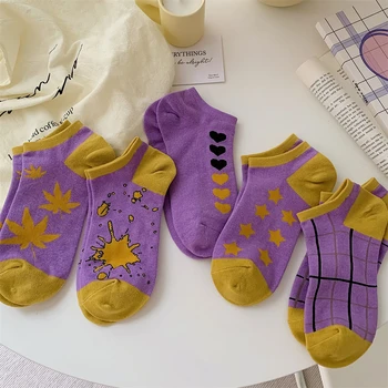 Seksi Gyaru Mor Baskılı Çorap Kadın Kawaii Kalp Şerit Pamuk Çorap Bahar Yaz Düşük Tüp Ayak Bileği Çorap Kız Kısa Çorap Kadın