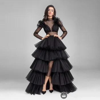 Seksi Siyah Dantel Uzun Kollu Gelinlik Modelleri Yeni Sheer Yüksek Boyun Katmanlı Tül Yunan Özel Durum Elbise Vestido Formatura