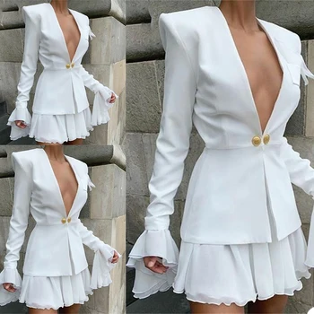 Seksi Zarif Kadın Blazer Derin V Boyun Slim Fit Lotus Yaprağı Fırfırlar Elbise Ofis Bayan Kulübü Rahat Ceket 1 Parça