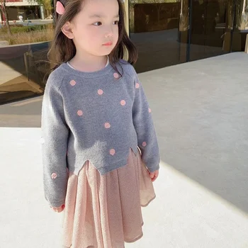 Sevimli Kız Giyim setleri 2021 Yeni Bahar Sonbahar Uzun Kollu Polka Dot Kazak Üst + Örgü İpliği Etek Tatlı Çocuk Elbise