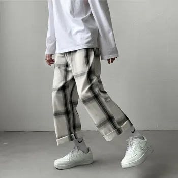 Sonbahar Ekose Pantolon erkek Moda Retro rahat pantolon Erkekler Streetwear Gevşek Hip-Hop Gevşek İpli Düz pantolon Erkek Pantolon