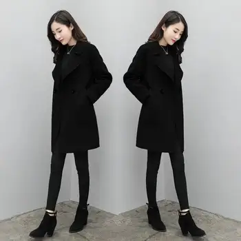 Sonbahar / Kış kadın Yün Ceket Orta Uzunlukta Kore Tarzı Moda Turn-Aşağı Yaka Büyük Boy Ceket Gevşek Yün Ceket Kadın