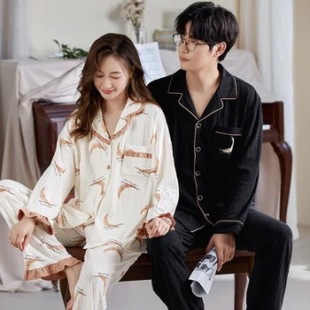 Sonbahar Kış Çift Uzun Kollu %100 % Pamuk Baskı Pijama Setleri Kadınlar için Kore Gevşek Pijama Takım Elbise Pijama Erkekler Gecelik Giyim