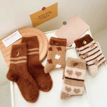 Sıcak Kalın Kürklü Kat Kış Kawai Uyku çorap seti Sevimli Karikatür Kahverengi Kız Çorap Kawai Termal Kabarık Çorap Kadınlar için