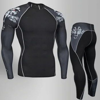 Sıkıştırma iç çamaşırı erkek Kış termal iç çamaşır MMA 3D kurt Vücut Geliştirme T-Shirt Rashgarda tayt 2 parça eşofman Erkekler