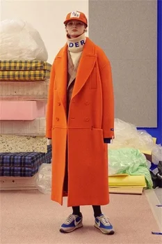 Tasarımcı Turuncu Yün Kadın Palto Ceket Custom Made Sonbahar Kış Kalın Uzun Blazer Trençkot Ayak Bileği Uzunluğu Kıyafet Kadın