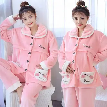 Tatlı Pazen Analık Hemşirelik Pijama Setleri Sonbahar Kış Yumuşak Kalın Sıcak Polar Pijama Hamile Kadınlar Gebelik