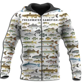 Tatlısu Balık 3D All Over Baskılı Erkekler Zip Ceket Unisex Rahat Tişörtü Sonbahar Kış Moda Hoodie