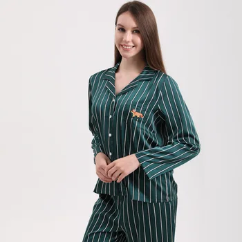 Tilki ve Çiçek Yeşil Çizgili Buz İpek Pijama Kadın Loungewear İki Parçalı Set Bahar Sonbahar Pijama Ev Giysileri DropShipping