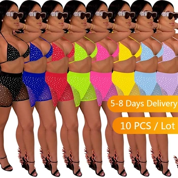 Toplu Öğeler Toptan Çok Pullu 2 Parça bikini seti Kadın Yaz Halter Üst şort takımı Seksi tam örgü Beachwear Kulübü Kıyafetleri