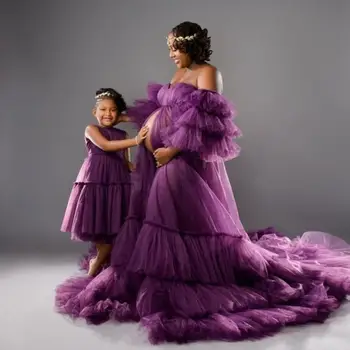 Uzun hamile elbisesi kadınlar için açık omuzlu Ön Yarık Açık Tül Elbisesi Fotoğraf Sahne Çocuklar için Annem ve ben Giyim