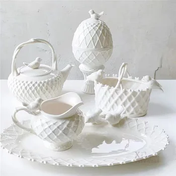 Yaratıcı Avrupa yüksek sıcaklık seramik kuş demlik, çay fincanı, çay tepsisi, kabartmalı çiçek sepeti, ev dekorasyon, çay seti