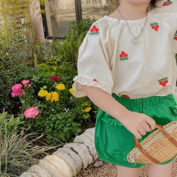 Yaz Bebek Kız Nakış Pamuk Kıyafetler Kısa Kollu Bluz Ve Şort 2 Adet Çocuk Giyim Setleri