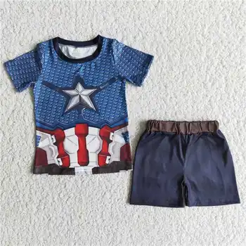 Yaz Erkek Bebek Yeni Giyim Lacivert Kısa Kollu Cep Gömlek Üst Şort Çocuk Toptan Butik Çocuk Seti Moda Kıyafet