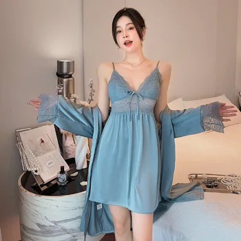 Yaz Patchwork Dantel Düğün Elbise Gecelik Set Gevşek Ipek Saten Ev Elbise Loungewear Kadın Kimono Bornoz Pijama