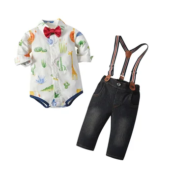 Yeni Bebek Erkek Giysileri Set Hayvan Baskı Yaka Boyun Romper T-Shirt + Askı Kot + Yay-Düğüm Kravat 3 Ay-4 Yıl Moda