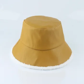 Yeni Kış Suni Deri Su Geçirmez Kova Şapka Kadınlar için Katı Renk Sıcak Kalınlaşmak Lambswool Kap Moda Panama Kap Balıkçı Şapka