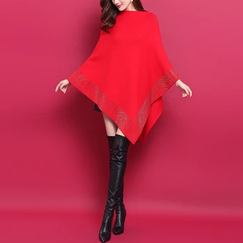 Yeni Sonbahar Moda Kış Elmas Örgü Şal Pelerin Gevşek Artı Boyutu Katı Kadın Panço Pelerin Kazak Kazak Kırmızı