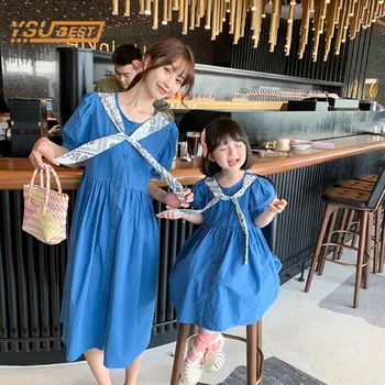 Yeni Yaz Aile Anne ve Kızı Elbise Kısa Kollu Saf Renk Elbise Elbise Aile Giyim Aile Eşleştirme Kıyafetler Elbise