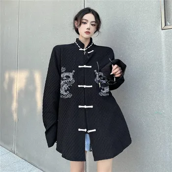 Yeni Çin Tarzı Siyah Gömlek Kadın Erkek Vintage Gevşek Standı Yaka Işlemeli Ejderha Uzun Kollu Bluzlar Tops