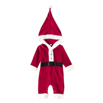 Yenidoğan Bebek Kız erkek Santa Takım Elbise Uzun Kollu Kırmızı Kadife Hoodie Tulum Romper Bebek Yılbaşı Kıyafetleri