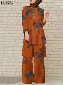 ZANZEA Bohemian Kadın Bluzlar Elastik Bel Pantolon Takım Elbise 2022 Sonbahar Çiçek Eşofman Büyük Boy Kadın Rahat Baskılı Eşleşen Seti