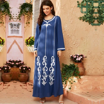 Zarif Mavi Nakış Müslüman Elbise Kadınlar için Ramazan İslam Jalabiya Elbise Eid Arapça Dubai Abaya Bayan Fas Kaftan Elbise