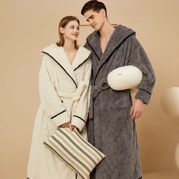 Çiftler Kimono Erkekler Kış Kalın Sıcak Flanel Bornoz Artı Boyutu Kapşonlu Uzun Mercan Polar Banyo Elbiseler Kadın Yumuşak Sabahlık