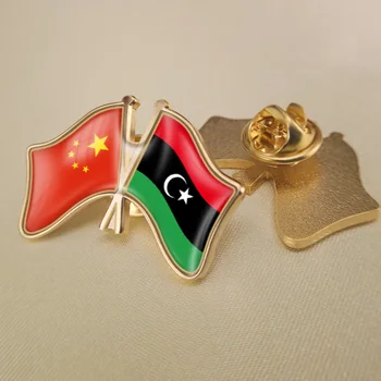 Çin ve Libya Arap Jamahiriya Çapraz Çift Dostluk Bayrakları Yaka İğneler Broş Rozetleri