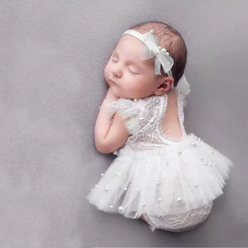 Çocuk Beyaz Dantel Şifon Giyim Kadın Bebek Fotoğraf Sahne Dantel İnci Tek parça elbise seti Utfit Kızlar Kıyafetler