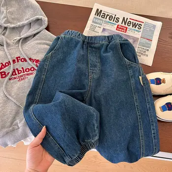 Çocuk Pantolon 2022 Sonbahar Yeni Erkek ve Kız Düz Renk Geniş Bacak Kot Bebek Ayak Bileği Bağlı Düz Bacak Pantolon Net Kırmızı Moda