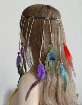 Çok renkli uzun yuvarlak boncuk tüy headdress kadınlar için Hint Başlığı saç aksesuarları Takı