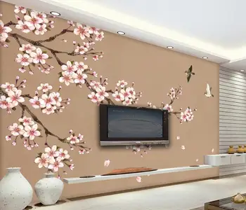 Özel Özelleştirilmiş 3d duvar kağıdı duvar yeni Çin şeftali çiçeği el-boyalı titiz çiçek ve kuş TV arka plan duvar