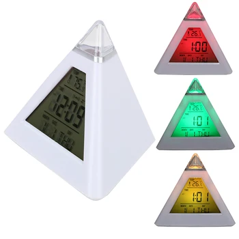 Üçgen Piramit dijital alarmlı saat Saat Renkli arka ışık Değişimi Saat Perpetual Takvim Termometre Ev Dekorasyon